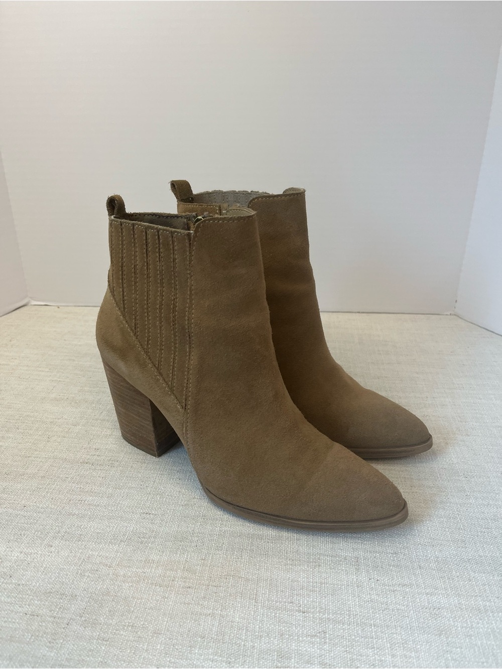 Blondo Waterproof Taupe Suede Pointed Toe Ankle Booties